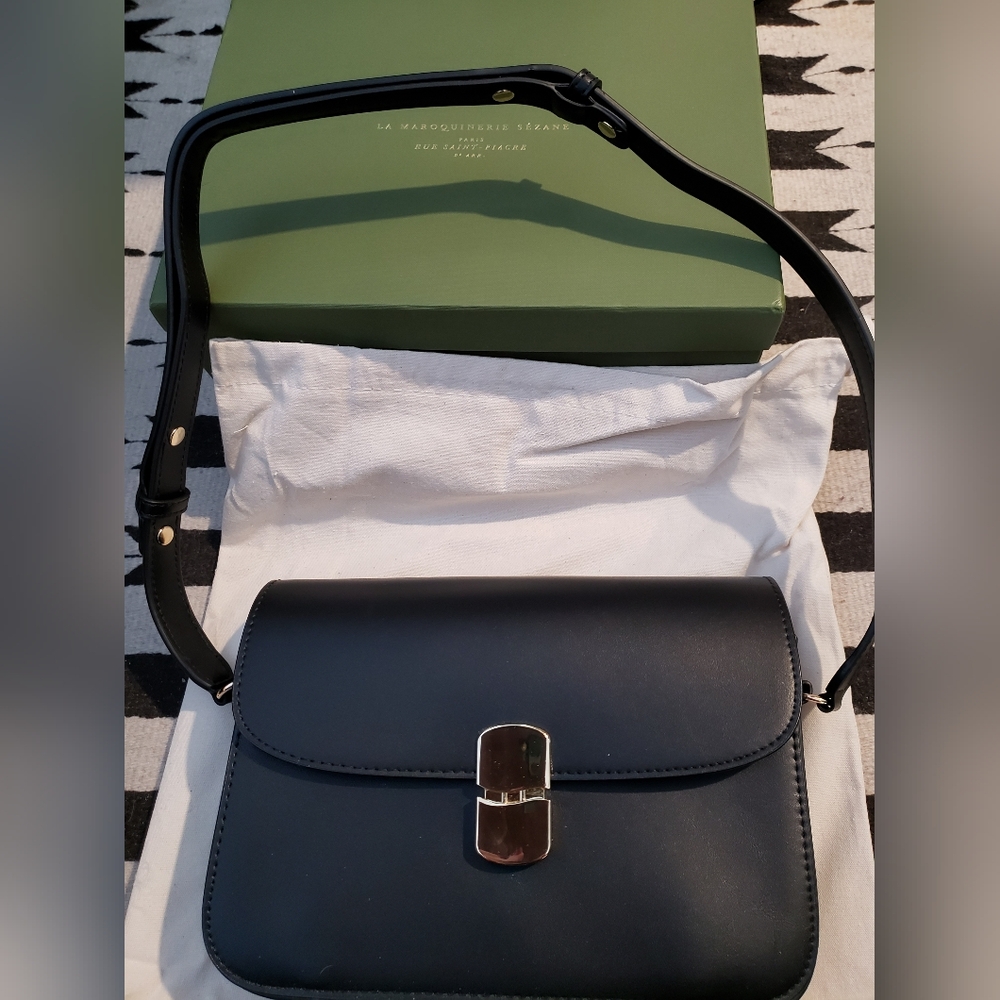 Sezane Black Leather Shoulder Bag with Gold Accents